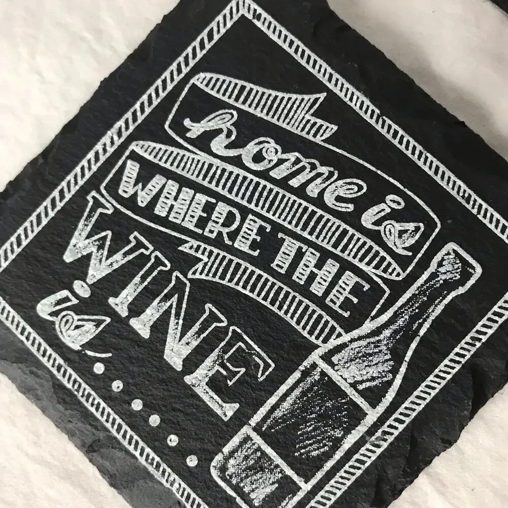 Set of 4 Black Slate Wine Barware Coasters Novelty Print Sayings With Felt Pads